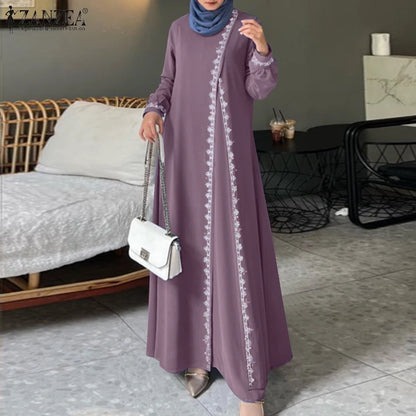 2025 Elegant O Neck Long Sleeve Dresses Women Autumn Maxi Dress ZANZEA Muslim Dubai Abaya Islamic Sundress Patchwork Vestidos