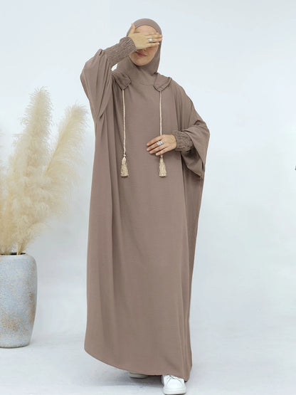 Women Tassel Abayas Muslim Ramadan Prayer Clothing With Hooded Jalaba Solid Casual Batwing Sleeve Arab Oriental Robe Eid Djellab
