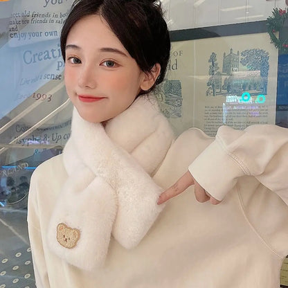 Winter Women Plush Scarf Soft Faux Rabbit Fur Snood Scarves Solid Color Neck Collar Cartoon Bear Girl Neckerchief Warmer Stuff