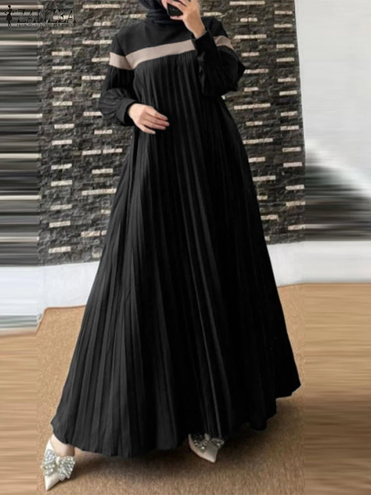 ZANZEA Autumn Women Muslim Dress Turkey Abaya Elegant Long Lantern Sleeve Patchwork Sundress Pleated Vestidos Islamic Dubai Robe