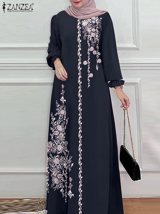 Autumn Muslim Dresses Vintage Dubai Turkey Abaya Hijab Sundress ZANZEA Women Bohemian Floral Printed Long Dress Robe Femme 2025