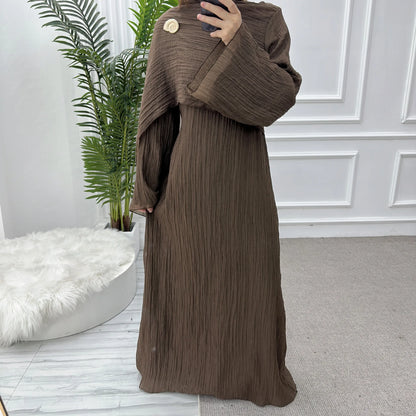 Two Piece Middle East Muslim Cardigan Set for Women Ramadan Eid Dubai Modest Abaya Dress Elegant Islam Solid Turkey Robe Outfit