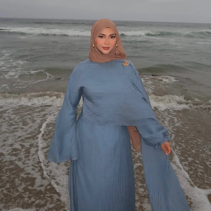 Two Piece Middle East Muslim Cardigan Set for Women Ramadan Eid Dubai Modest Abaya Dress Elegant Islam Solid Turkey Robe Outfit