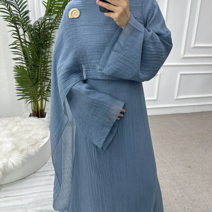 Two Piece Middle East Muslim Cardigan Set for Women Ramadan Eid Dubai Modest Abaya Dress Elegant Islam Solid Turkey Robe Outfit