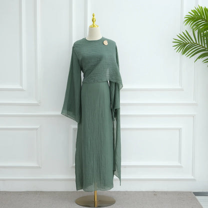 Two Piece Middle East Muslim Cardigan Set for Women Ramadan Eid Dubai Modest Abaya Dress Elegant Islam Solid Turkey Robe Outfit