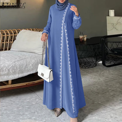 2025 Elegant O Neck Long Sleeve Dresses Women Autumn Maxi Dress ZANZEA Muslim Dubai Abaya Islamic Sundress Patchwork Vestidos