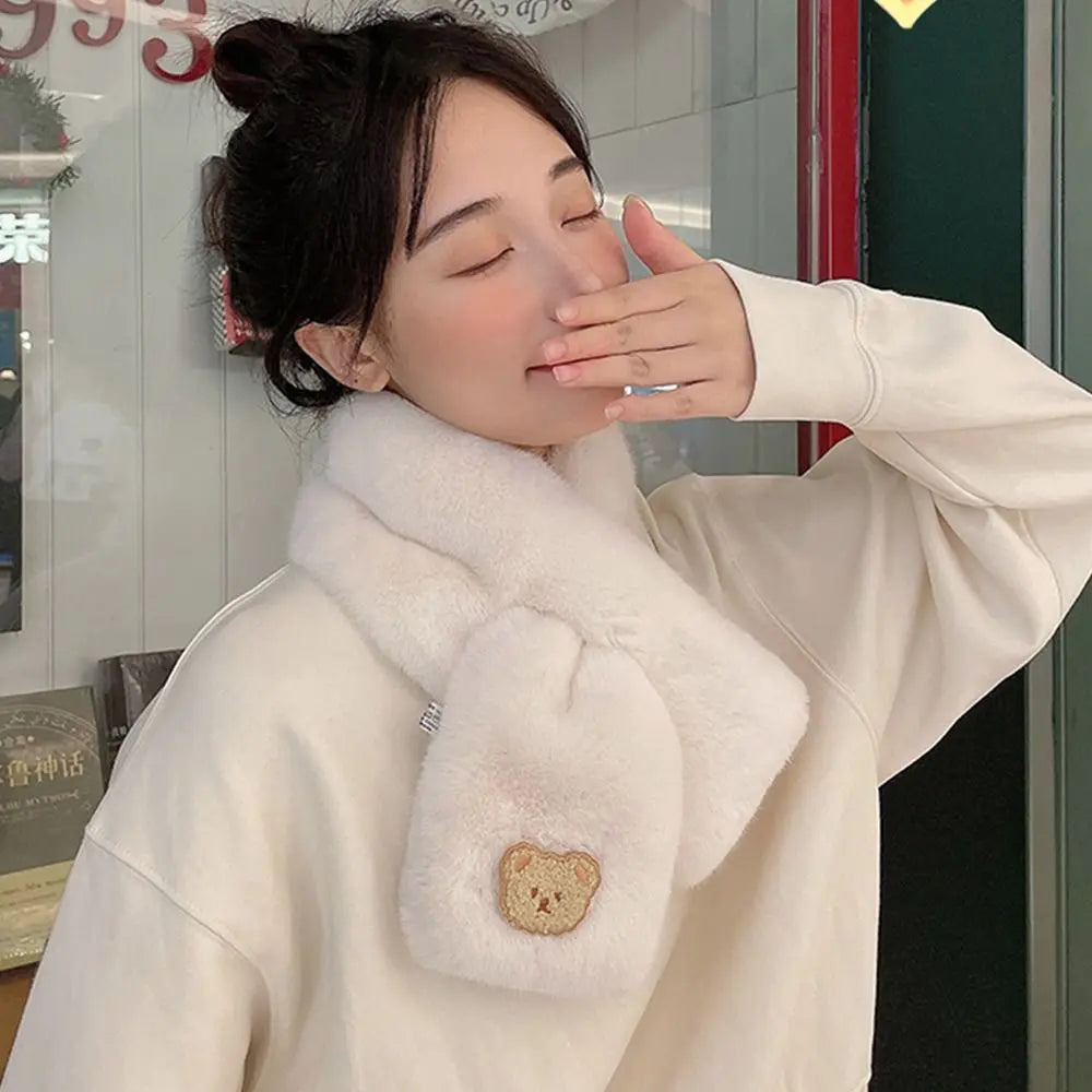 Winter Women Plush Scarf Soft Faux Rabbit Fur Snood Scarves Solid Color Neck Collar Cartoon Bear Girl Neckerchief Warmer Stuff