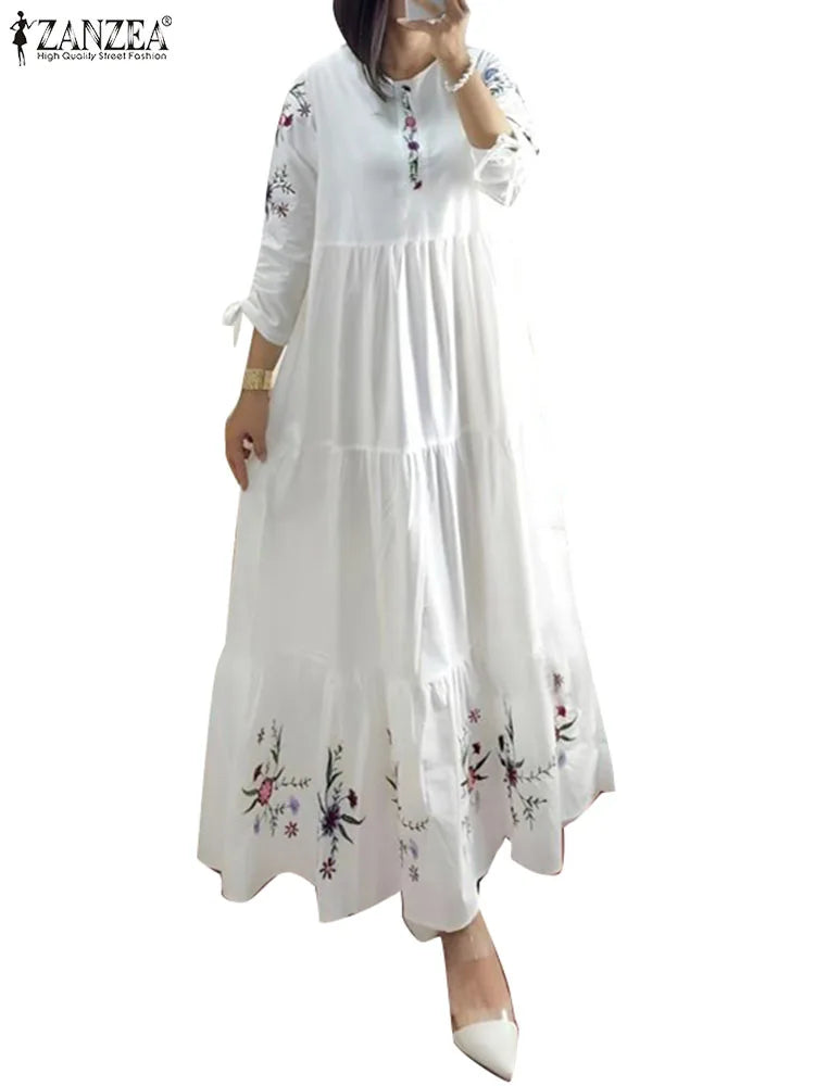 Women Floral Printed Muslim Dress Spring 3/4 Sleeve Maxi Vestidos Robe Femme ZANZEA Summer Sundress Elegant Loose Abaya Kaftan