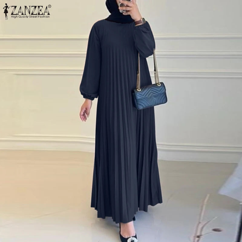 2025 ZANZEA Autumn Elegant Dresses Women O Neck Long Sleeve Sundress Muslim Dubai Abaya Robe Femme Solid Pleated Maxi Vestidos