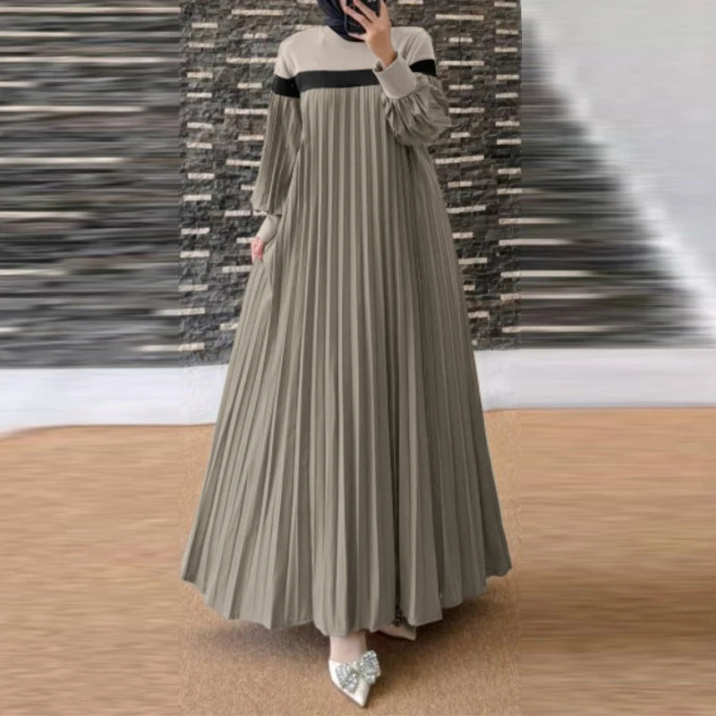 ZANZEA Autumn Women Muslim Dress Turkey Abaya Elegant Long Lantern Sleeve Patchwork Sundress Pleated Vestidos Islamic Dubai Robe