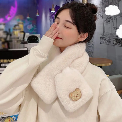 Winter Women Plush Scarf Soft Faux Rabbit Fur Snood Scarves Solid Color Neck Collar Cartoon Bear Girl Neckerchief Warmer Stuff