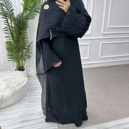 Two Piece Middle East Muslim Cardigan Set for Women Ramadan Eid Dubai Modest Abaya Dress Elegant Islam Solid Turkey Robe Outfit