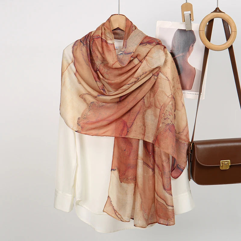Watercolor Print Hijab Muslim Marble scarf Soft Breathable Sun Protection Lightweight Summer beach Wrap for Women