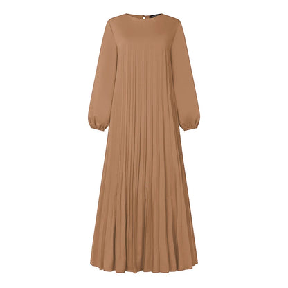 2025 ZANZEA Autumn Elegant Dresses Women O Neck Long Sleeve Sundress Muslim Dubai Abaya Robe Femme Solid Pleated Maxi Vestidos