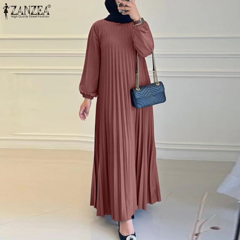 2025 ZANZEA Autumn Elegant Dresses Women O Neck Long Sleeve Sundress Muslim Dubai Abaya Robe Femme Solid Pleated Maxi Vestidos
