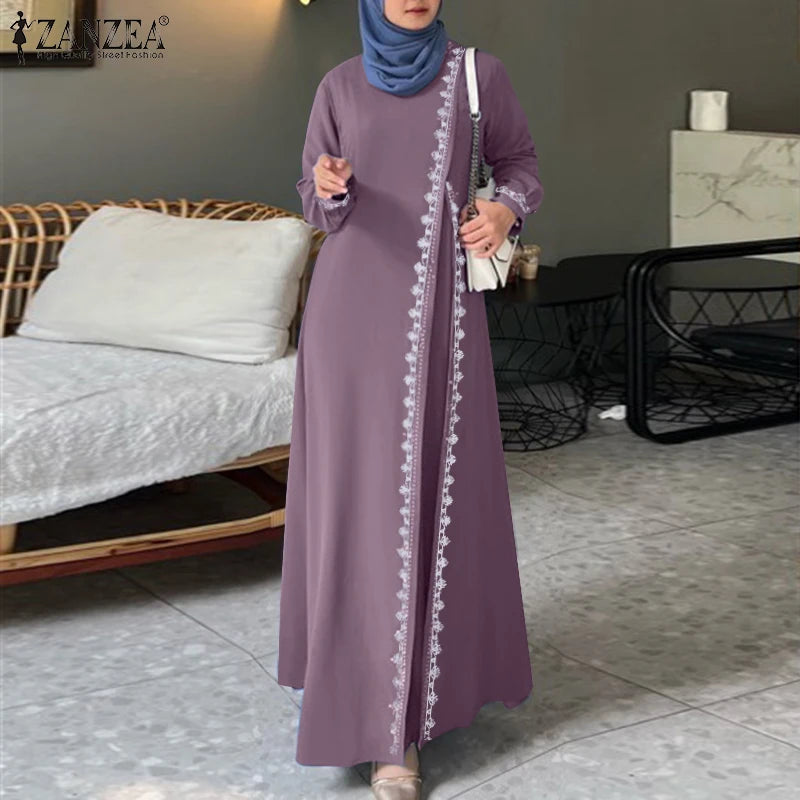 2025 Elegant O Neck Long Sleeve Dresses Women Autumn Maxi Dress ZANZEA Muslim Dubai Abaya Islamic Sundress Patchwork Vestidos