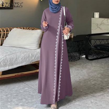 2025 Elegant O Neck Long Sleeve Dresses Women Autumn Maxi Dress ZANZEA Muslim Dubai Abaya Islamic Sundress Patchwork Vestidos