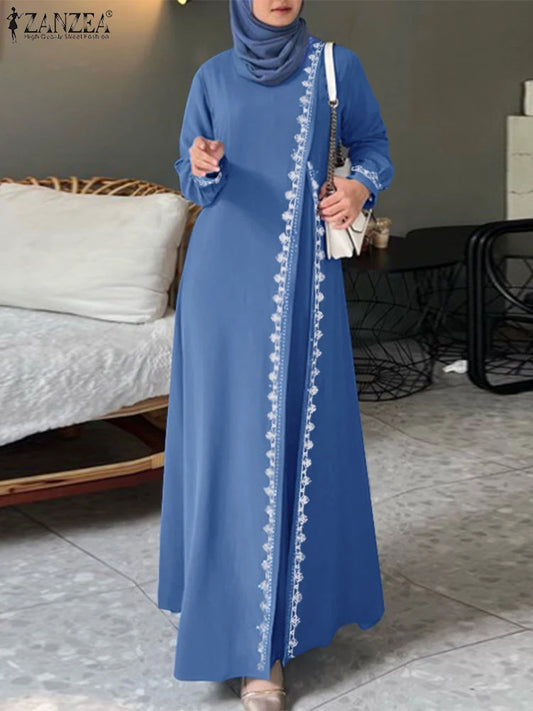 2025 Elegant O Neck Long Sleeve Dresses Women Autumn Maxi Dress ZANZEA Muslim Dubai Abaya Islamic Sundress Patchwork Vestidos