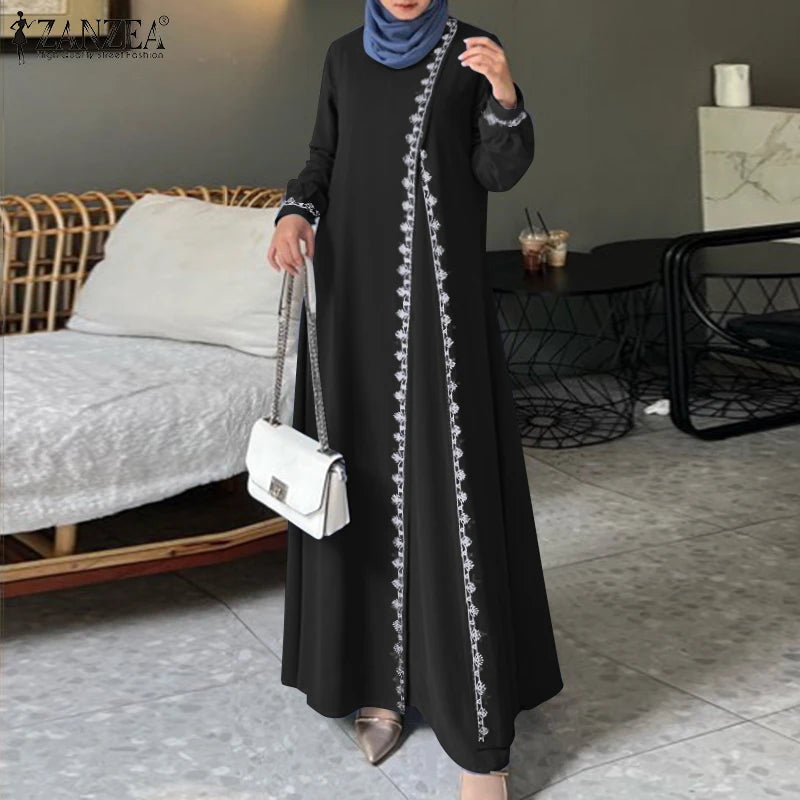 2025 Elegant O Neck Long Sleeve Dresses Women Autumn Maxi Dress ZANZEA Muslim Dubai Abaya Islamic Sundress Patchwork Vestidos