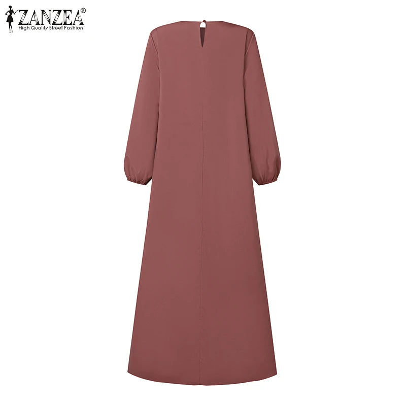 2025 ZANZEA Autumn Elegant Dresses Women O Neck Long Sleeve Sundress Muslim Dubai Abaya Robe Femme Solid Pleated Maxi Vestidos