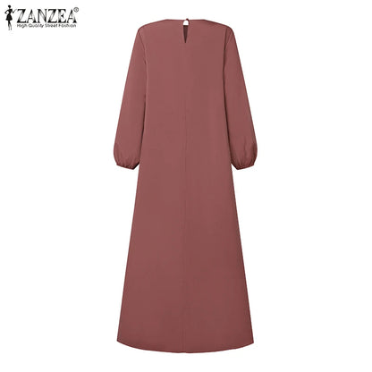 2025 ZANZEA Autumn Elegant Dresses Women O Neck Long Sleeve Sundress Muslim Dubai Abaya Robe Femme Solid Pleated Maxi Vestidos