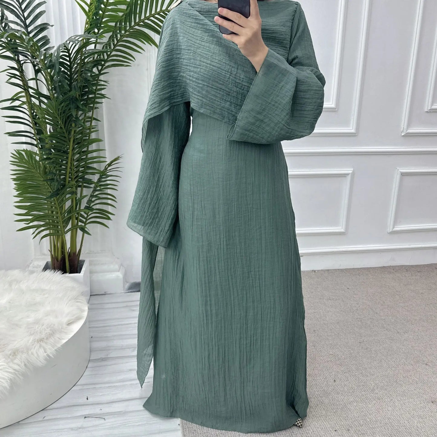 Two Piece Middle East Muslim Cardigan Set for Women Ramadan Eid Dubai Modest Abaya Dress Elegant Islam Solid Turkey Robe Outfit