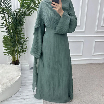 Two Piece Middle East Muslim Cardigan Set for Women Ramadan Eid Dubai Modest Abaya Dress Elegant Islam Solid Turkey Robe Outfit