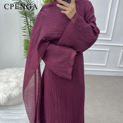 Two Piece Middle East Muslim Cardigan Set for Women Ramadan Eid Dubai Modest Abaya Dress Elegant Islam Solid Turkey Robe Outfit