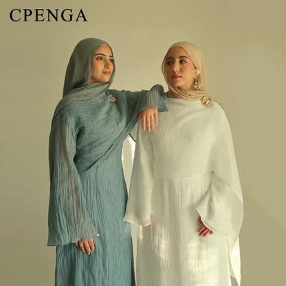 Two Piece Middle East Muslim Cardigan Set for Women Ramadan Eid Dubai Modest Abaya Dress Elegant Islam Solid Turkey Robe Outfit