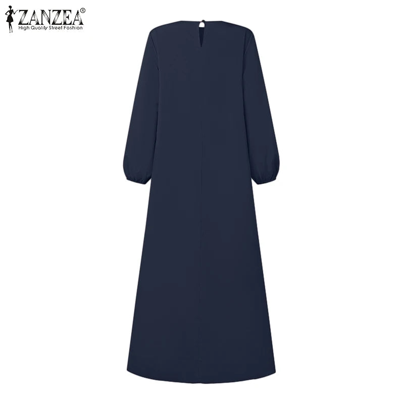 2025 ZANZEA Autumn Elegant Dresses Women O Neck Long Sleeve Sundress Muslim Dubai Abaya Robe Femme Solid Pleated Maxi Vestidos