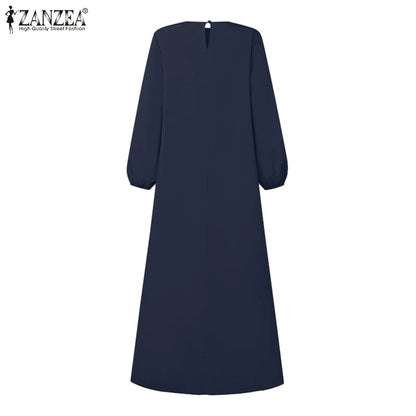 2025 ZANZEA Autumn Elegant Dresses Women O Neck Long Sleeve Sundress Muslim Dubai Abaya Robe Femme Solid Pleated Maxi Vestidos