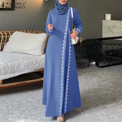 2025 Elegant O Neck Long Sleeve Dresses Women Autumn Maxi Dress ZANZEA Muslim Dubai Abaya Islamic Sundress Patchwork Vestidos