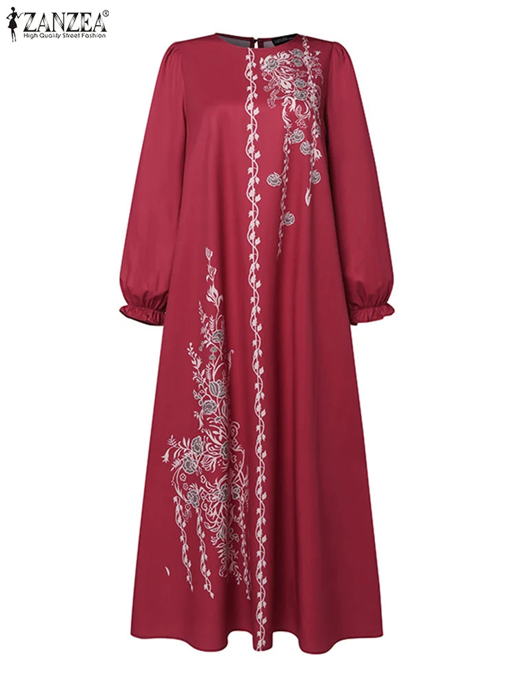 Autumn Muslim Dresses Vintage Dubai Turkey Abaya Hijab Sundress ZANZEA Women Bohemian Floral Printed Long Dress Robe Femme 2025