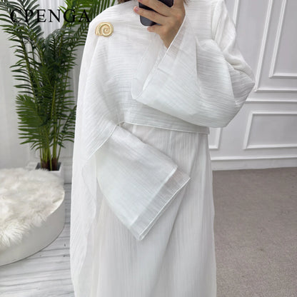 Two Piece Middle East Muslim Cardigan Set for Women Ramadan Eid Dubai Modest Abaya Dress Elegant Islam Solid Turkey Robe Outfit