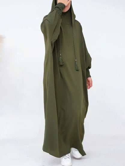 Women Tassel Abayas Muslim Ramadan Prayer Clothing With Hooded Jalaba Solid Casual Batwing Sleeve Arab Oriental Robe Eid Djellab