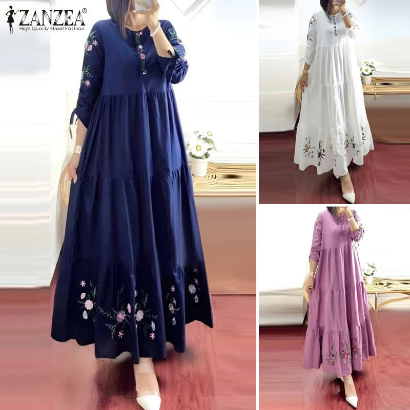 Women Floral Printed Muslim Dress Spring 3/4 Sleeve Maxi Vestidos Robe Femme ZANZEA Summer Sundress Elegant Loose Abaya Kaftan