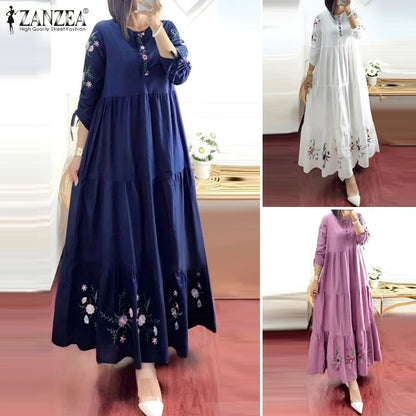 Women Floral Printed Muslim Dress Spring 3/4 Sleeve Maxi Vestidos Robe Femme ZANZEA Summer Sundress Elegant Loose Abaya Kaftan