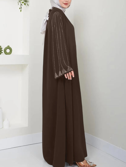 Muslim Fashion Women's Hot Diamond Long Sleeve Loose Coffee Style Elegant Dress