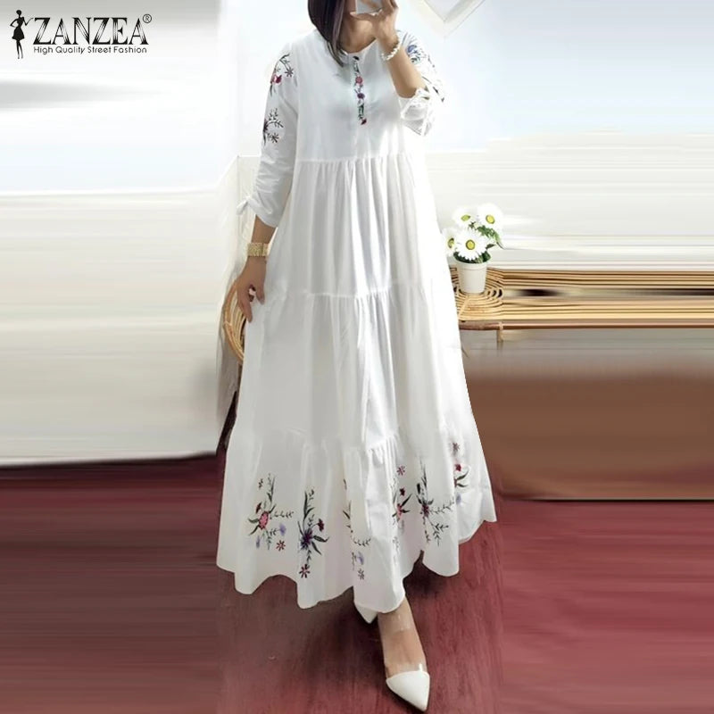 Women Floral Printed Muslim Dress Spring 3/4 Sleeve Maxi Vestidos Robe Femme ZANZEA Summer Sundress Elegant Loose Abaya Kaftan