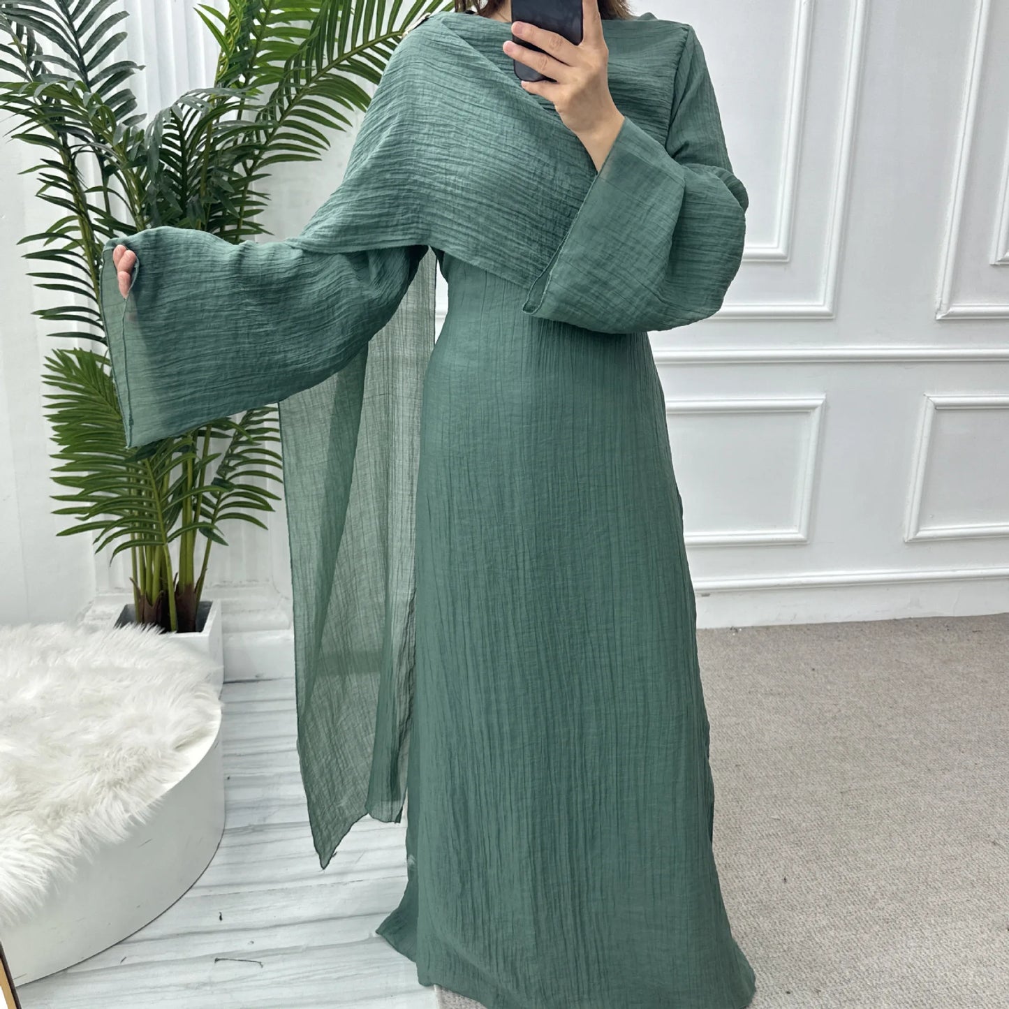 Two Piece Middle East Muslim Cardigan Set for Women Ramadan Eid Dubai Modest Abaya Dress Elegant Islam Solid Turkey Robe Outfit