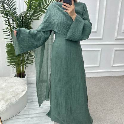 Two Piece Middle East Muslim Cardigan Set for Women Ramadan Eid Dubai Modest Abaya Dress Elegant Islam Solid Turkey Robe Outfit