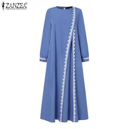 2025 Elegant O Neck Long Sleeve Dresses Women Autumn Maxi Dress ZANZEA Muslim Dubai Abaya Islamic Sundress Patchwork Vestidos