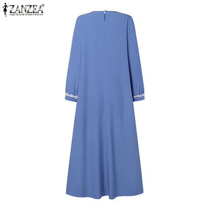 2025 Elegant O Neck Long Sleeve Dresses Women Autumn Maxi Dress ZANZEA Muslim Dubai Abaya Islamic Sundress Patchwork Vestidos