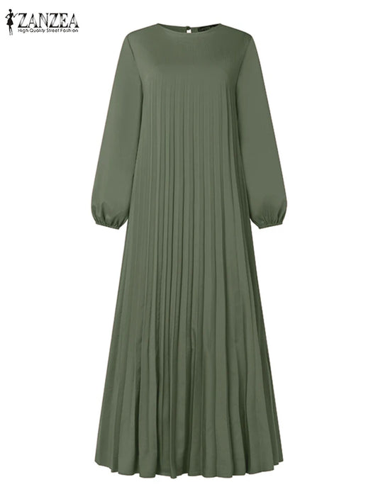 2025 ZANZEA Autumn Elegant Dresses Women O Neck Long Sleeve Sundress Muslim Dubai Abaya Robe Femme Solid Pleated Maxi Vestidos