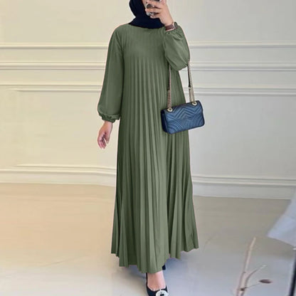 2025 ZANZEA Autumn Elegant Dresses Women O Neck Long Sleeve Sundress Muslim Dubai Abaya Robe Femme Solid Pleated Maxi Vestidos