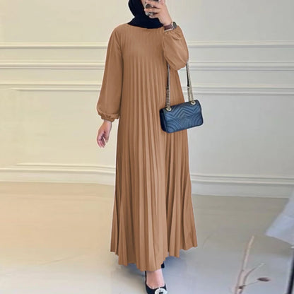2025 ZANZEA Autumn Elegant Dresses Women O Neck Long Sleeve Sundress Muslim Dubai Abaya Robe Femme Solid Pleated Maxi Vestidos