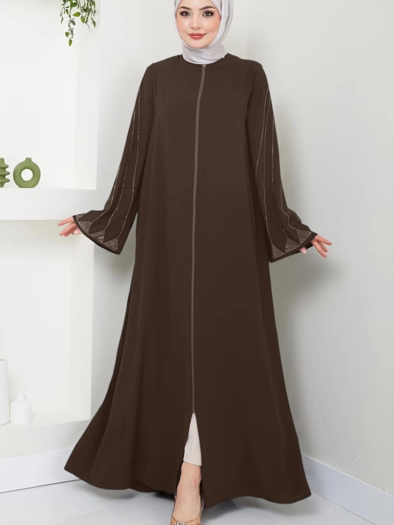 Muslim Fashion Women's Hot Diamond Long Sleeve Loose Coffee Style Elegant Dress