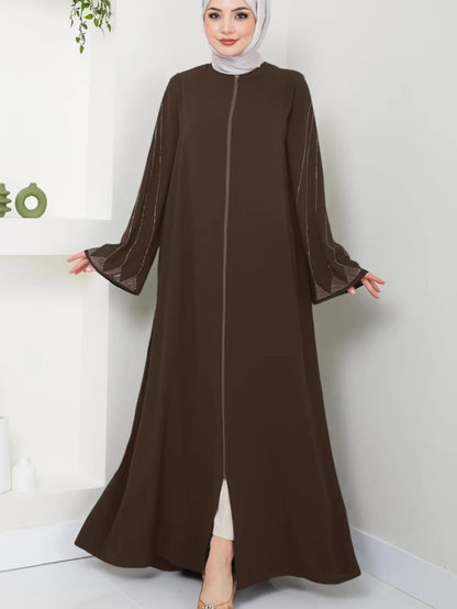 Muslim Fashion Women's Hot Diamond Long Sleeve Loose Coffee Style Elegant Dress