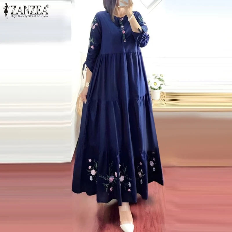 Women Floral Printed Muslim Dress Spring 3/4 Sleeve Maxi Vestidos Robe Femme ZANZEA Summer Sundress Elegant Loose Abaya Kaftan