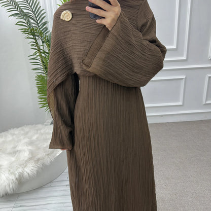 Two Piece Middle East Muslim Cardigan Set for Women Ramadan Eid Dubai Modest Abaya Dress Elegant Islam Solid Turkey Robe Outfit